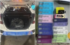 Produtos Vape, cigarros ilegais encontrados no carro de aluguel de Cingapura no Ponto de controle Woodlands