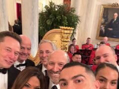 Cristiano Ronaldo tira uma selfie com Elon Musk e a noiva Georgina Rodriguez na Casa Branca após jantar com Donald Trump.