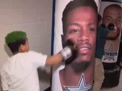 Os espectadores ficaram surpresos quando jovens fãs dos Eagles vestidos como estrelas dos Cowboys foram incentivados a bater em sacos de pancadas