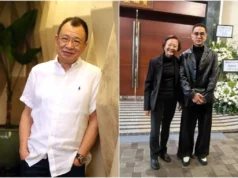 O ex-parlamentar Lee Bee Wah e o ator Colin Chee comparecem ao funeral do ator Benz Hui em Hong Kong