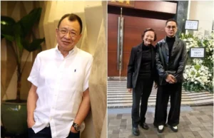 O ex-parlamentar Lee Bee Wah e o ator Colin Chee comparecem ao funeral do ator Benz Hui em Hong Kong