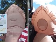 Vovó vestindo fantasia de pênis é presa em protesto contra Trump, vídeo da câmera corporal