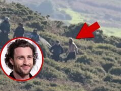 Torso decepado de Aaron Taylor-Johnson coberto de sangue falso em ‘Lobisomem’