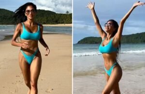 Nicole Scherzinger deslumbra em biquíni azul!