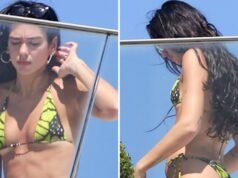 Dua Lipa exibe corpo de biquíni na beira da piscina no Brasil