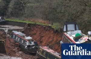 Rachadura no Canal de Shropshire devido ao colapso do aterro artificial. Shropshire