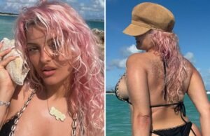 Bebe Rexha traz cabelos rosa e curvas para Turks e Caicos!