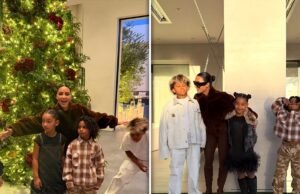 Kim Kardashian tentou tirar uma foto em grupo com os filhos, mas não saiu como planejado