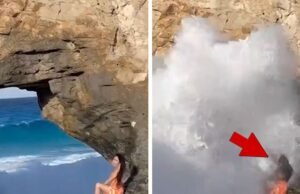 Mulher posando em pedra é surpreendida por onda monstruosa em vídeo