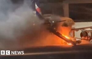 Após o incêndio, chamas e fumaça espessa engolfaram o avião no Brasil