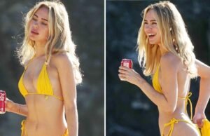 Kimberly Garner parece impecável em um maiô minúsculo em uma praia do Caribe