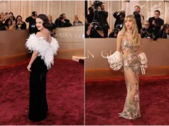 Tapete vermelho do Golden Globe Awards: vestido nu preto chique e um pouco de política