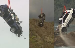 Helicóptero Black Hawk e equipe de resgate marinho recuperam 14 carros arrastados para o mar em inundações na Great Ocean Road