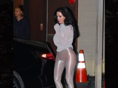 Bianca Sensori usa camisa transparente e calça brilhante no encontro do filme com Kanye