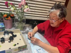 Uma avó chinesa de 85 anos monta seu hobby, blocos de Lego, no Canadá.