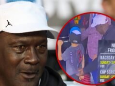 Michael Jordan fica entusiasmado após a celebração da Victory Lane com o filho de Tyler Reddick