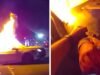 Policial puxa mulher de veículo em chamas após incidente de roubo de carro em vídeo