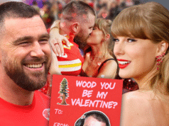 A conta do podcast de Travis Kelce posta um cartão de Dia dos Namorados fazendo referência a ‘Wood’ de Taylor Swift