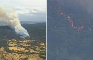 Um alerta foi emitido para buscar abrigo enquanto os incêndios florestais ficam fora de controle no norte de Victoria.