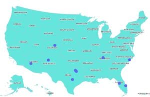 O mapa mostra as cidades com os principais códigos postais dos EUA