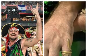 O carnavalesco Leandro Vieira desfila com o anel que Ne Matogrosso usou em show histórico de 1976.