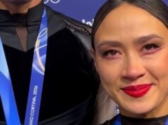 Uma Madison Chalk emocionada após uma apresentação de dança no gelo