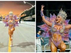 Herdeira farmacêutica, rainha da bateria do Golden Eagle aparece para o ensaio com um vestido feito de 50 mil cristais